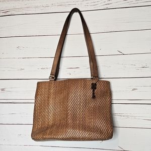 Fossil Brown Woven Shoulder Bag with Leopard Print Key Tag